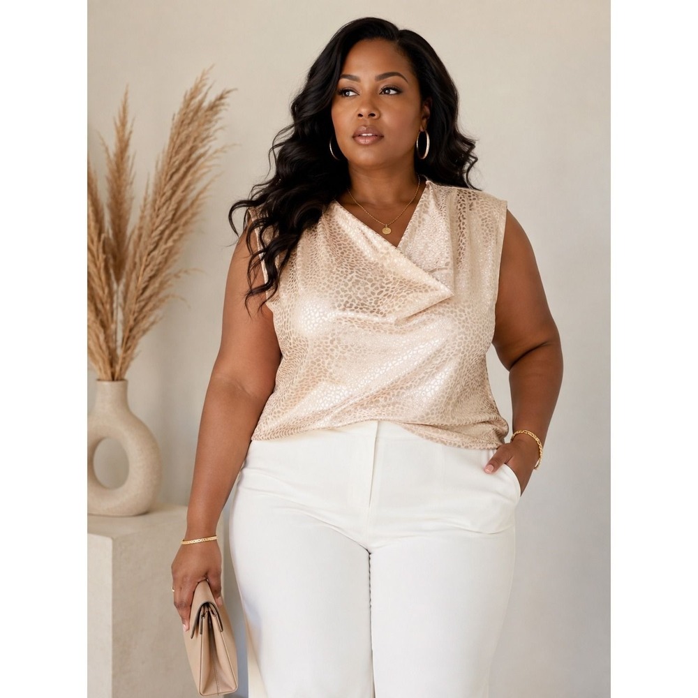 Champagne Gold Metallic Leopard Print Cowl Neck Sleeveless Blouse Top